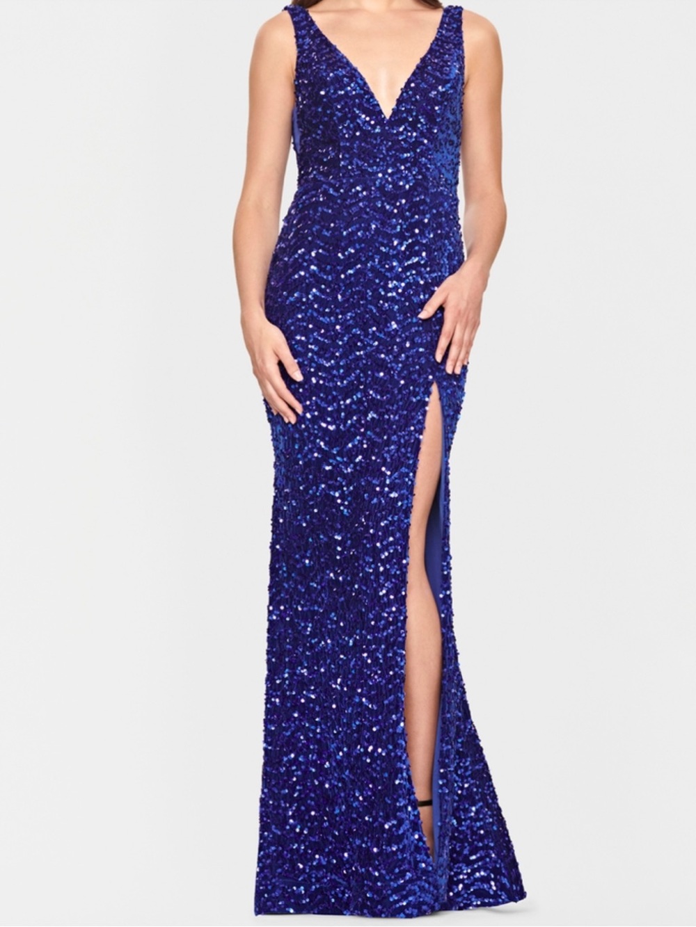 NWT Royal Blue Sequin V-Neck Mermaid Gown – High-Low Hem Size s/6